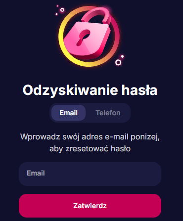 Formularz resetowania hasła w casino NV