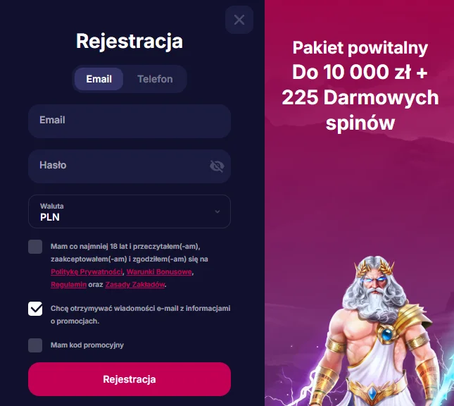 Formularz rejestracyjny kasyna NV na stronie internetowej